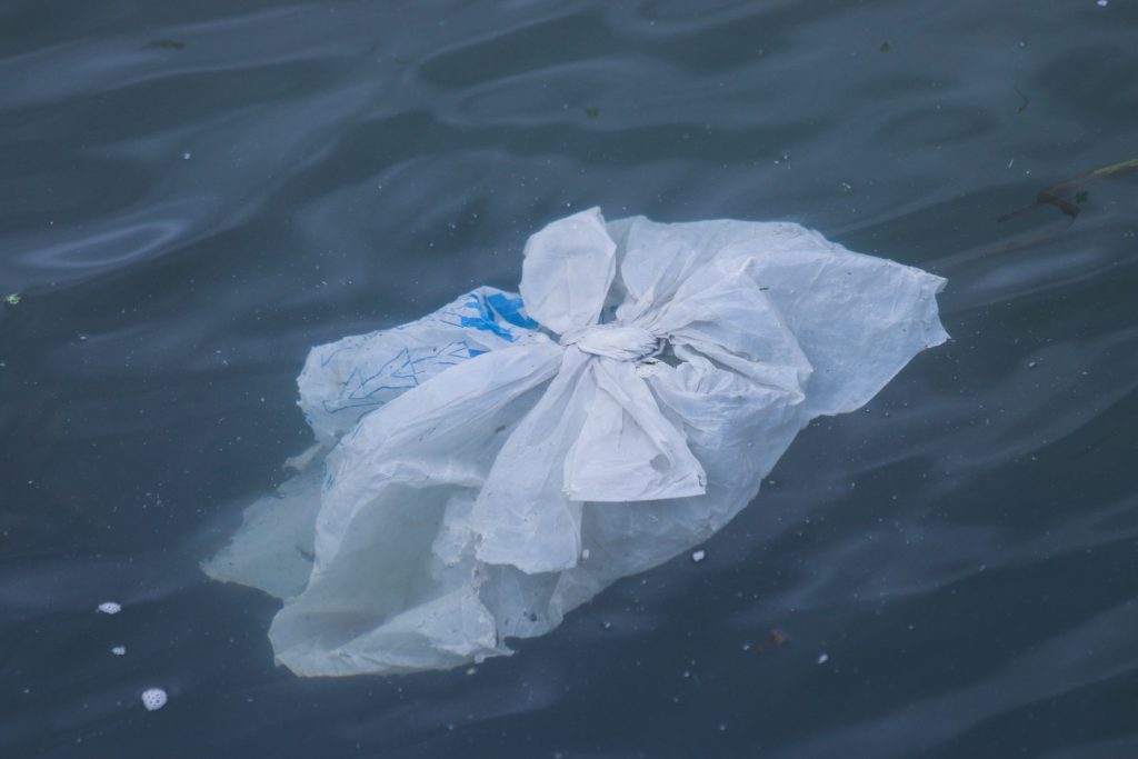 Single use plastic bag floating in the ocean.