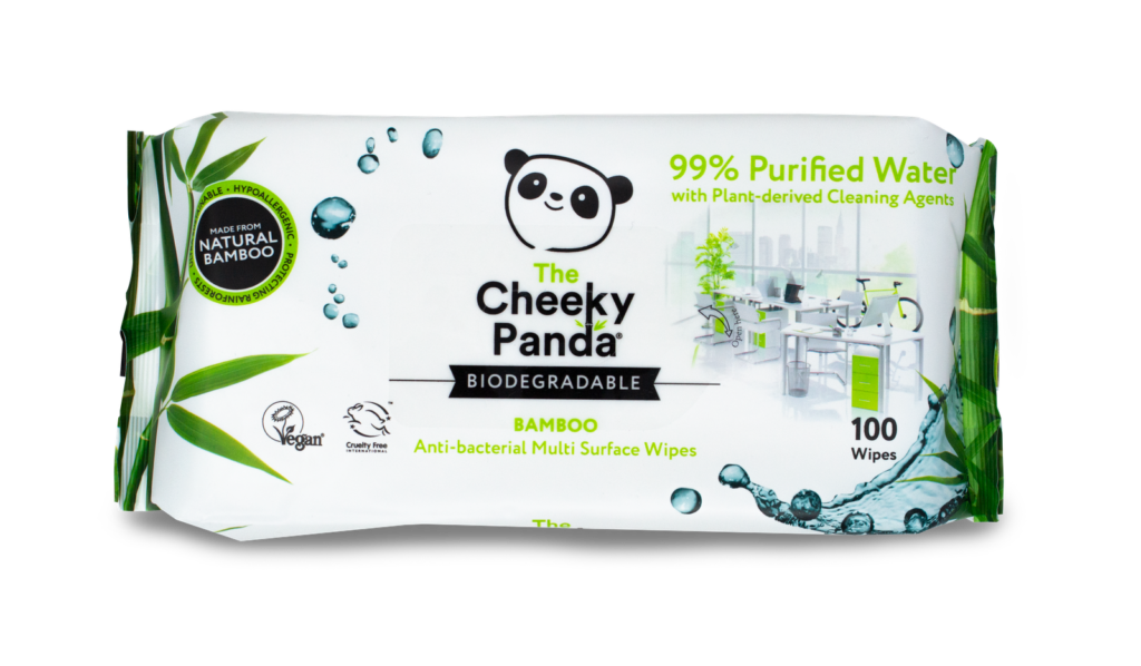 A packet of The Cheeky Panda bamboo anti-bacterial surface wipes.