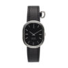 Women's fashion watch with black strap, black dial, silver watch case and hands