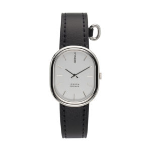 women's fgashion watch with a stainless steel watch case, silver-tone dial, and black vegan-leather strap.