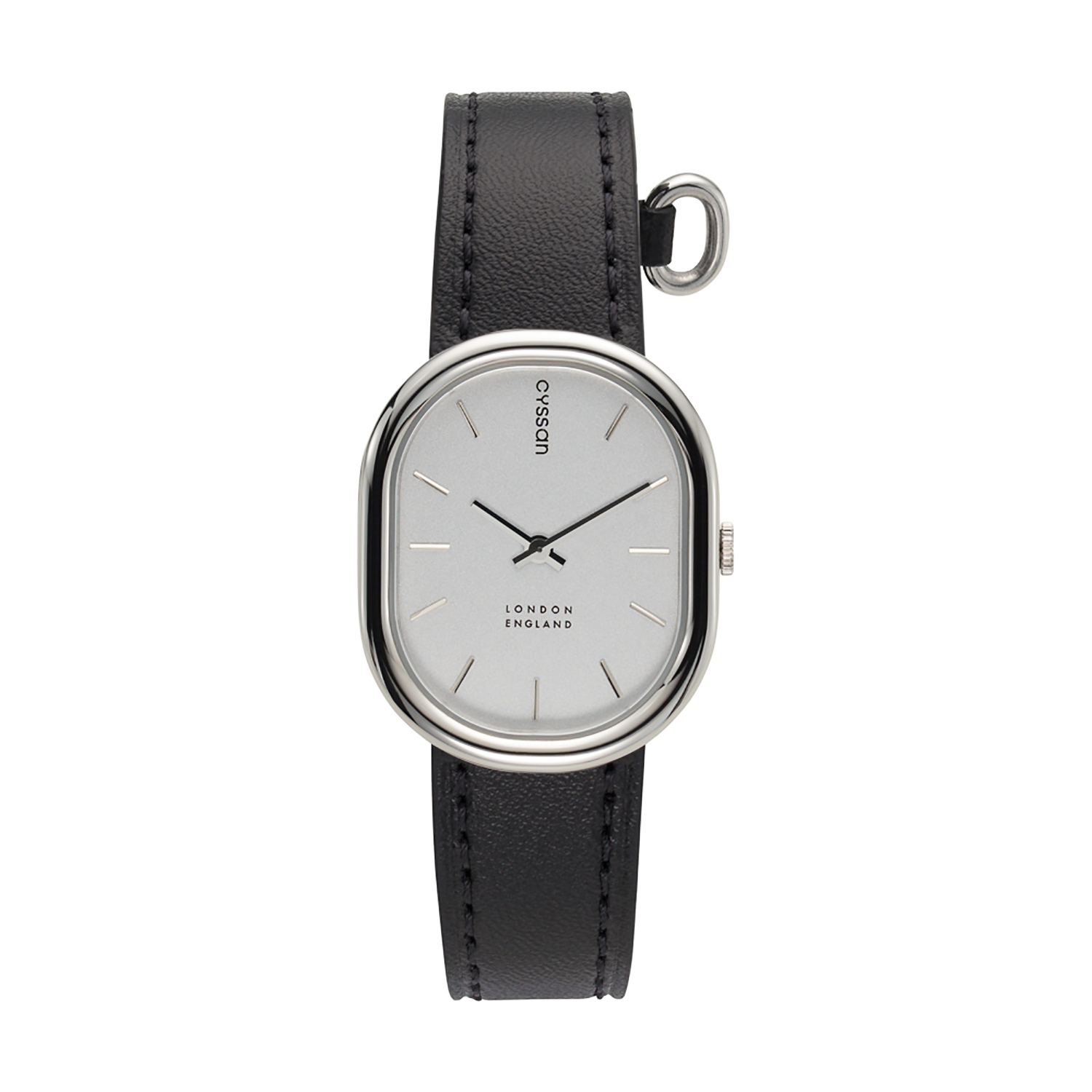 women's fgashion watch with a stainless steel watch case, silver-tone dial, and black vegan-leather strap.
