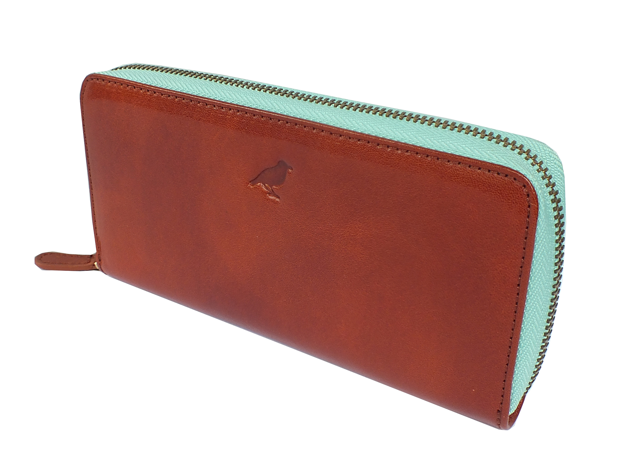 Ladies Leather Zip Around Wallet in Caramel with Blue zipper