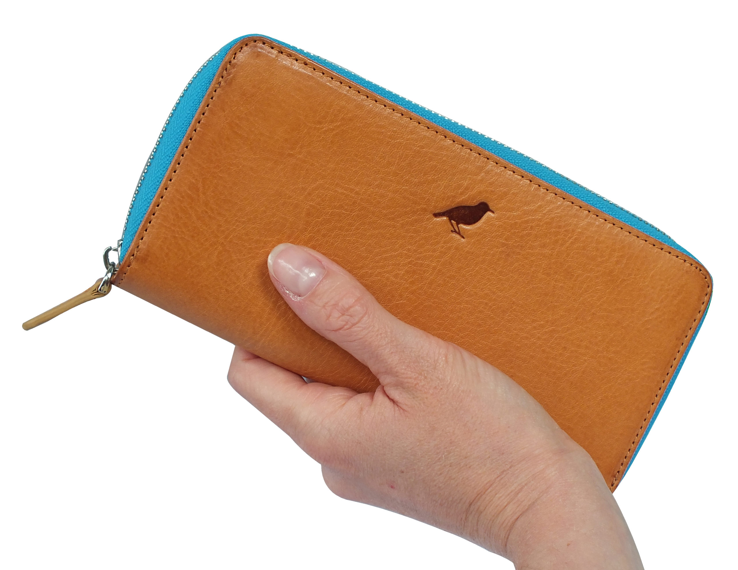 Tan Ladies wallet with electric blue zipper