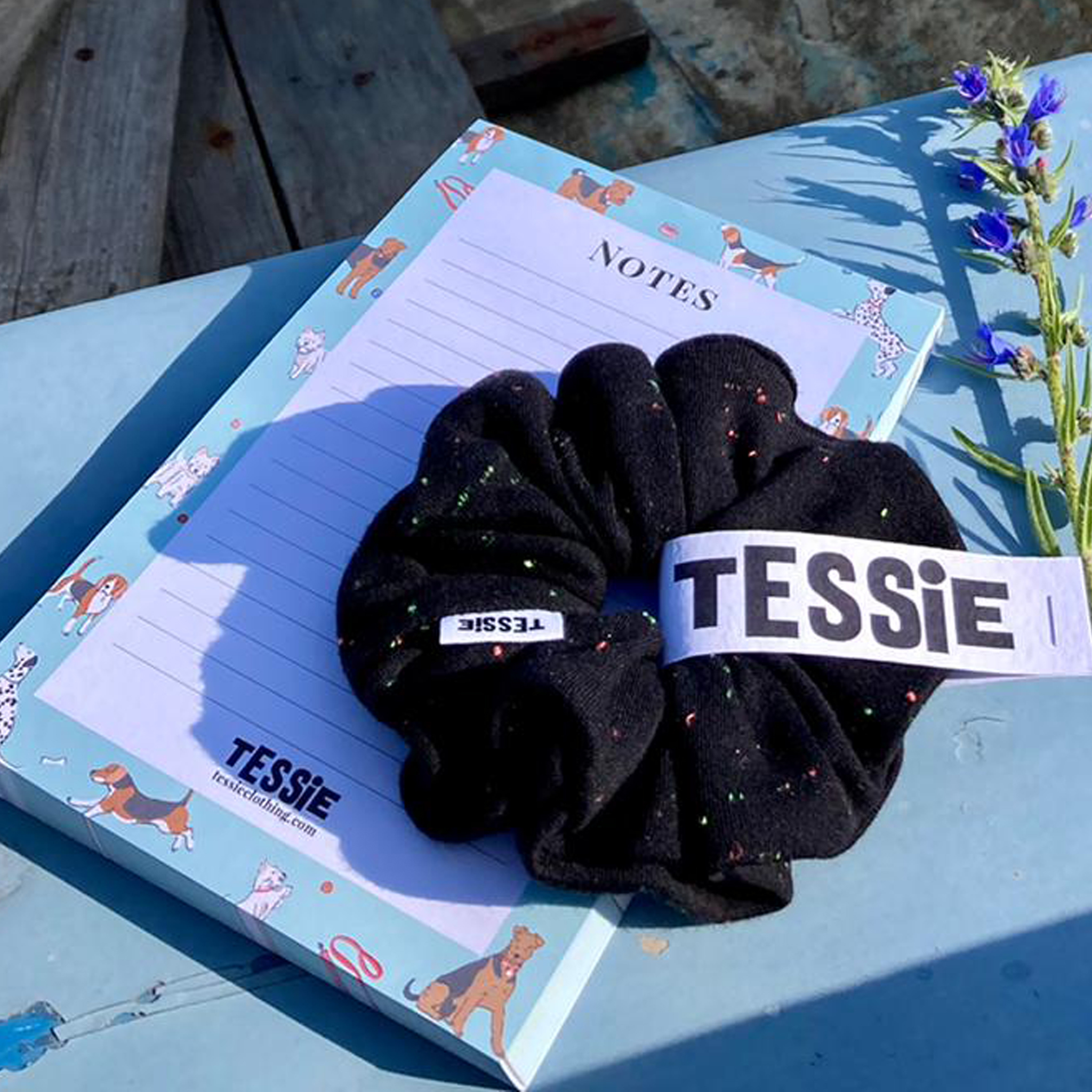 Tessie Clothing Confetti Black Hair Scrunchie and Poppy Dog Print A5 Notepad