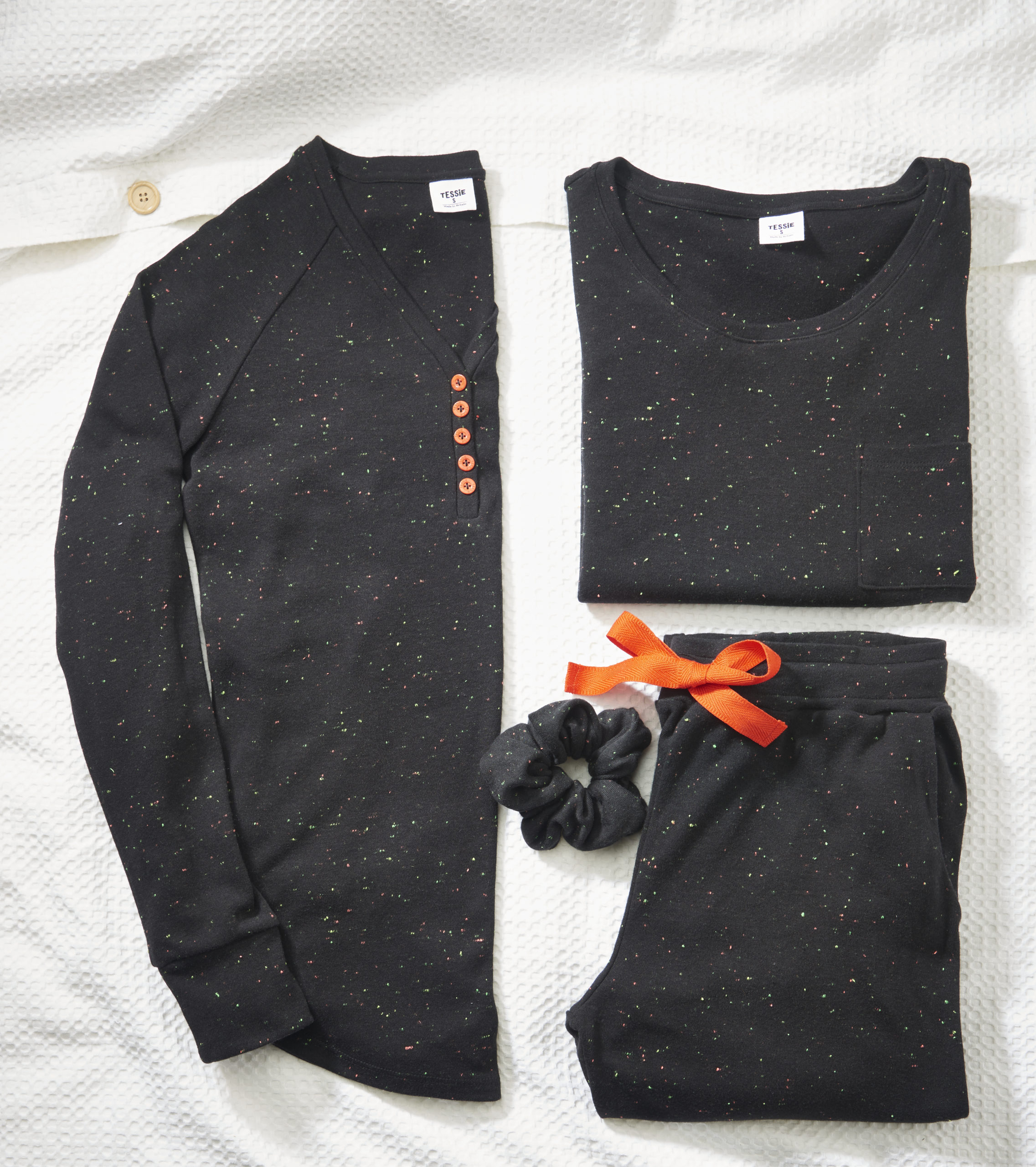Tessie Clothing Confetti Black Long Sleeve Top, T-Shirt, Scrunchie & Trousers Set